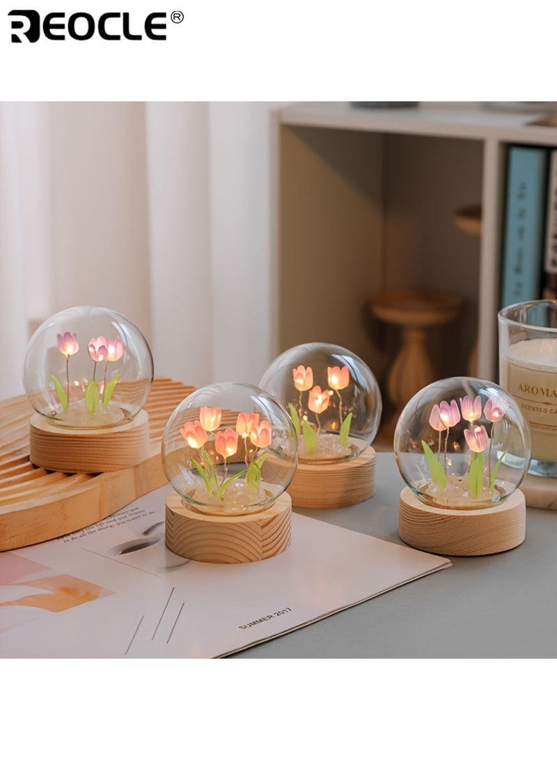 REOCLE Handmade Glass Tulip Night Light All-in-One DIY Material Package Flower Pattern Table Lamp with Switch Control Bedroom Decorative Atmosphere Light - Image 5