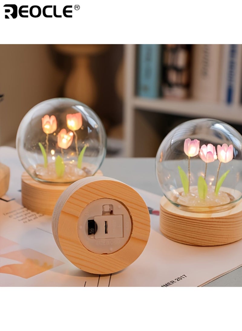 REOCLE Handmade Glass Tulip Night Light All-in-One DIY Material Package Flower Pattern Table Lamp with Switch Control Bedroom Decorative Atmosphere Light - Image 4