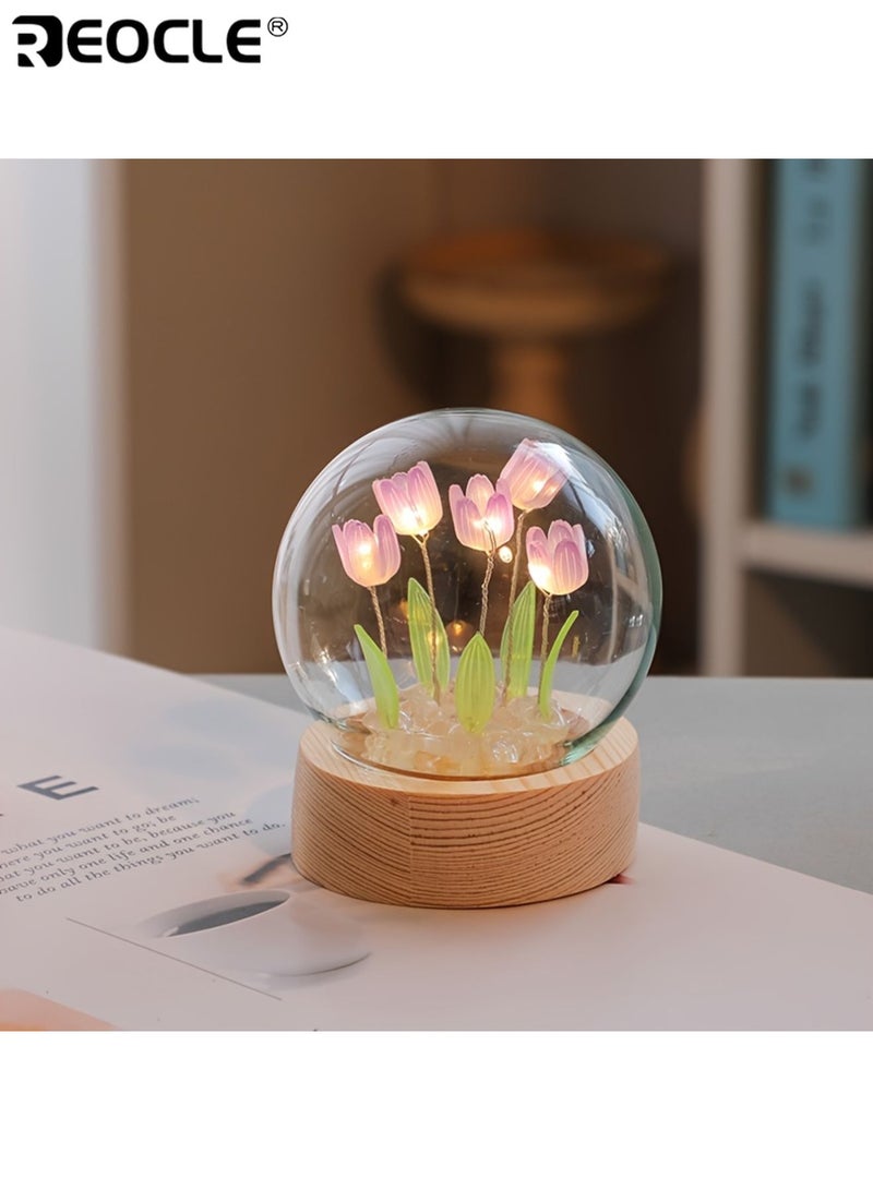 REOCLE Handmade Glass Tulip Night Light All-in-One DIY Material Package Flower Pattern Table Lamp with Switch Control Bedroom Decorative Atmosphere Light - Image 1