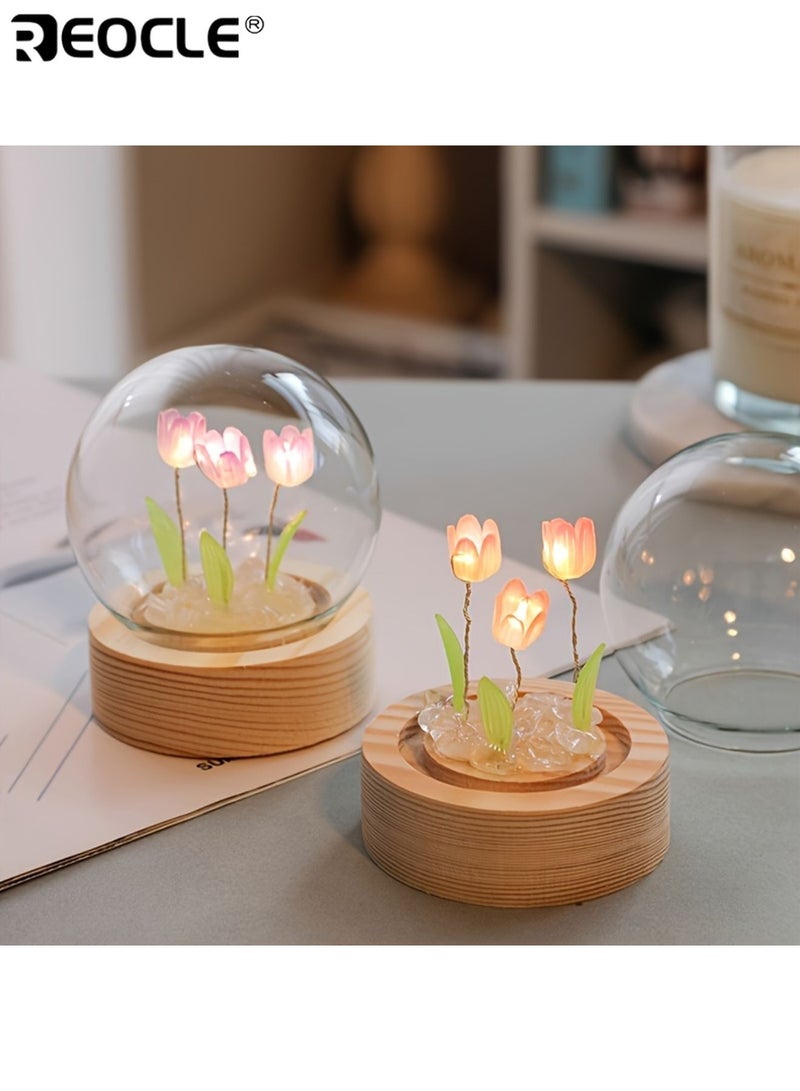 REOCLE Handmade Glass Tulip Night Light All-in-One DIY Material Package Flower Pattern Table Lamp with Switch Control Bedroom Decorative Atmosphere Light - Image 3