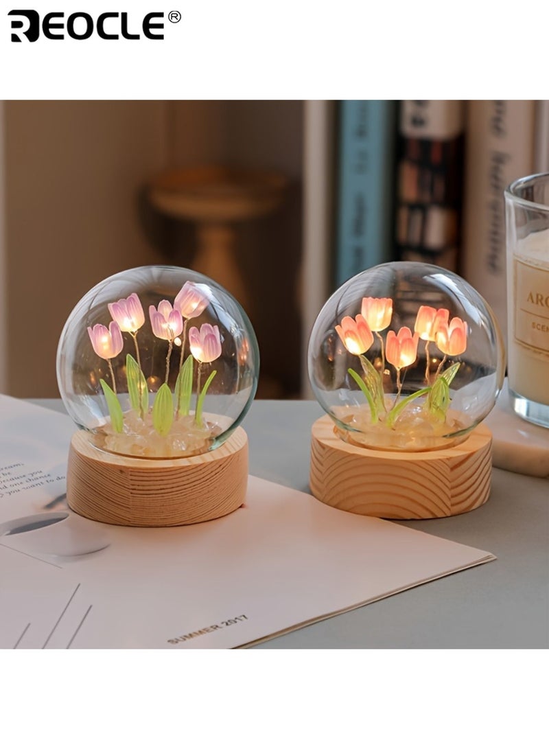 REOCLE Handmade Glass Tulip Night Light All-in-One DIY Material Package Flower Pattern Table Lamp with Switch Control Bedroom Decorative Atmosphere Light - Image 2