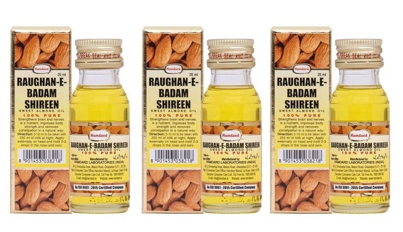 Hamdard زيت اللوز الحلو المضغوط على البارد 100% نقي وطبيعي 25 مل عبوة من 3 - Image 1