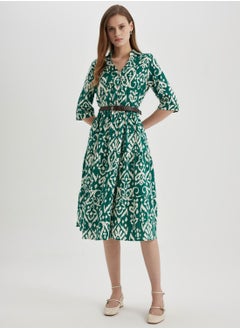Shirt Collar Printed Midi Long Sleeve Dress