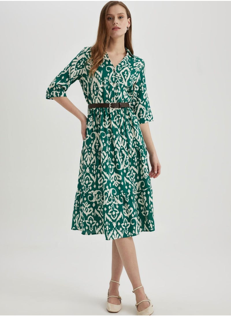 DeFacto - Shirt Collar Printed Midi Long Sleeve Dress - Image 1
