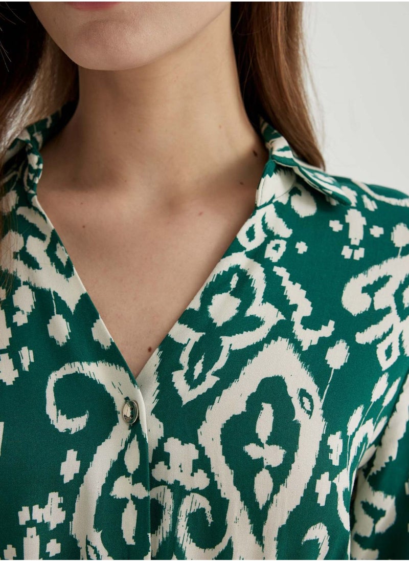 DeFacto - Shirt Collar Printed Midi Long Sleeve Dress - Image 1