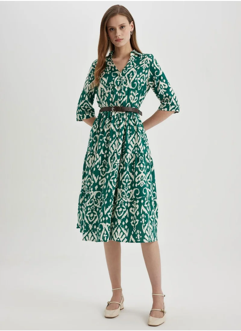 DeFacto Shirt Collar Printed Midi Long Sleeve Dress