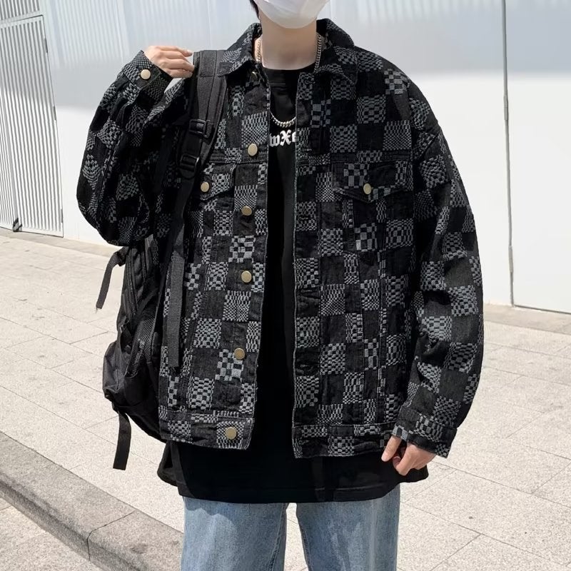 High-End Sense Personalized Jacquard Denim Jacket Men'S Couple Men'S And Women'S Loose Chessboard Plaid Casual Jacket Trendy - Image 1