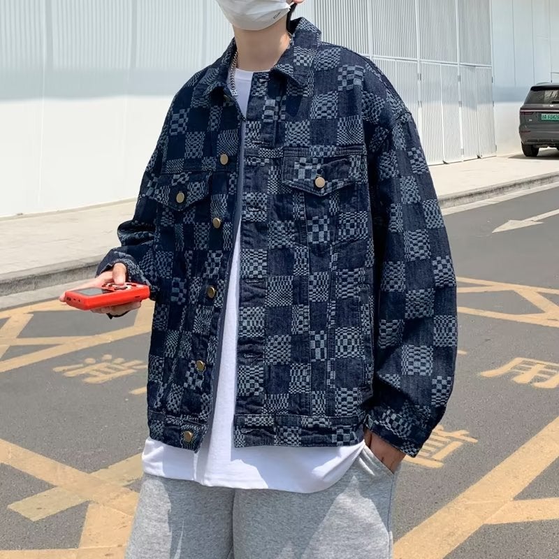 High-End Sense Personalized Jacquard Denim Jacket Men'S Couple Men'S And Women'S Loose Chessboard Plaid Casual Jacket Trendy - Image 4