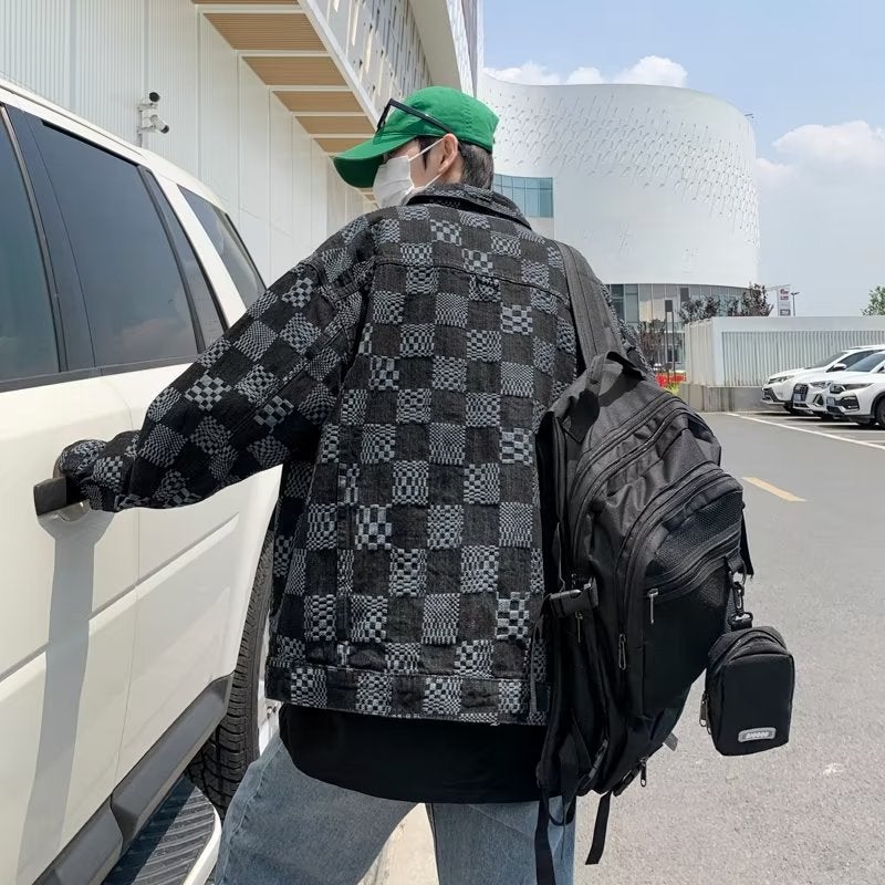 High-End Sense Personalized Jacquard Denim Jacket Men'S Couple Men'S And Women'S Loose Chessboard Plaid Casual Jacket Trendy - Image 3