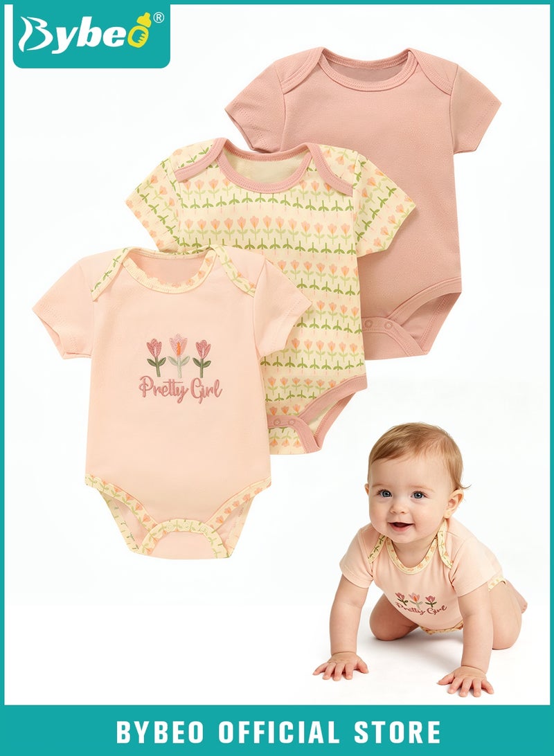 Bybeo 3PCS Short Sleeve Baby Bodysuits, Baby Onesie Set, Summer Cotton Printed Rompers for Newborn Boys Girls, Soft Breathable Infant Bodysuits with Snap Closure for 3-12 Months - Image 1