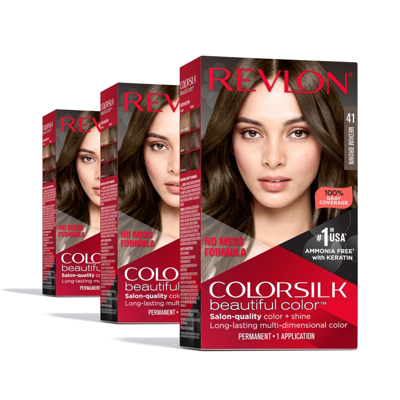 Revlon Colorsilk Beautiful Color Permanent Hair Color, (OLD VERSION) 41 Medium Brown (Pack of 3)