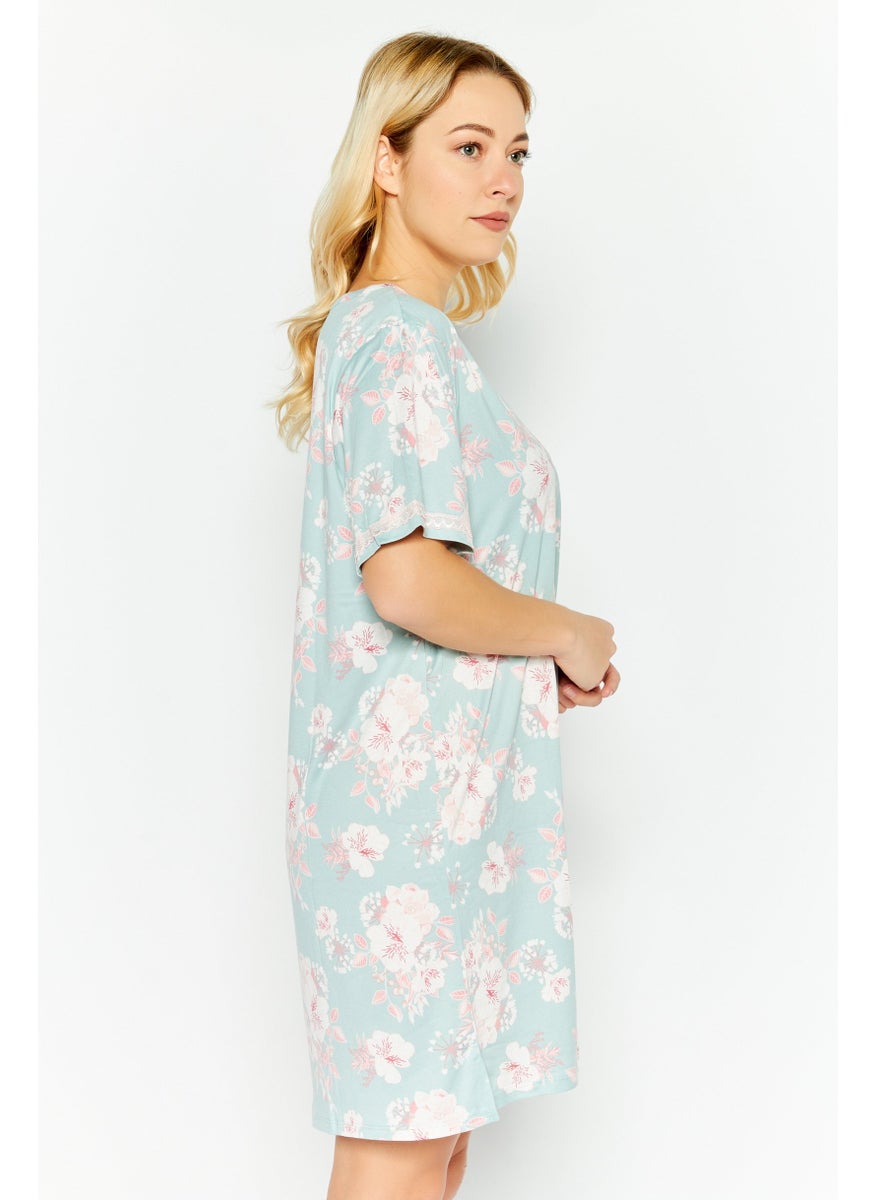 Flora By Flora Nikrooz - Women Floral Print Short Sleeves Sleep Dress, Sage Blue Combo - Image 1