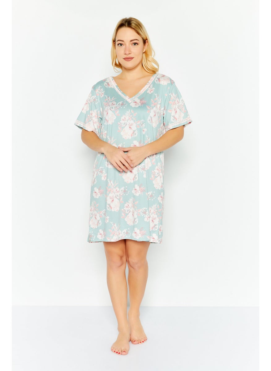 Flora By Flora Nikrooz - Women Floral Print Short Sleeves Sleep Dress, Sage Blue Combo - Image 1