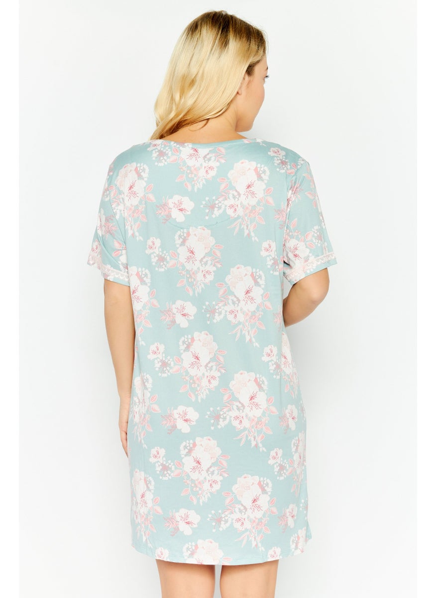 Flora By Flora Nikrooz - Women Floral Print Short Sleeves Sleep Dress, Sage Blue Combo - Image 1