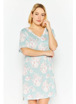 Women Floral Print Short Sleeves Sleep Dress, Sage Blue Combo