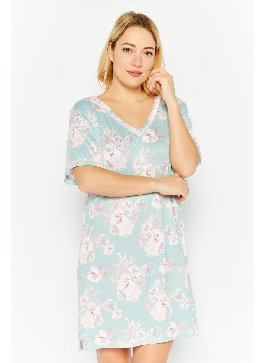 Flora By Flora Nikrooz - Women Floral Print Short Sleeves Sleep Dress, Sage Blue Combo - Image 1