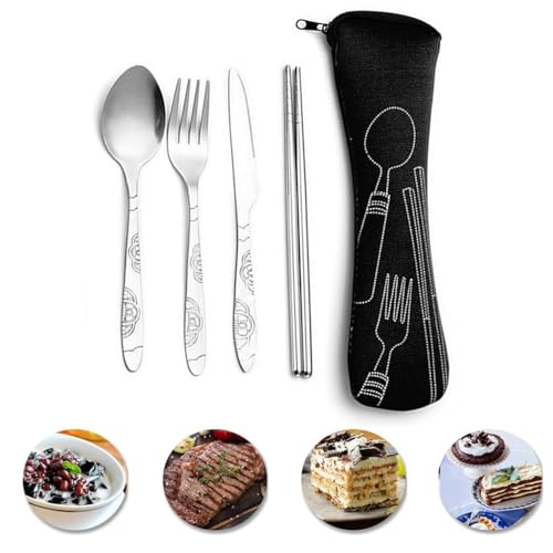 TrekEaze Stainless Steel Reusable Travel Cutlery Set – 4-Piece Portable Utensils with Knife, Fork, Spoon & Chopsticks in Zipper Case Compact Eco-Friendly Flatware for Camping,Office, Travel & Outdoors - Image 1