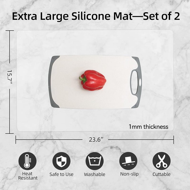 Treerit 2 Pack Silicone Mats for Kitchen Counter, 23.62" x 15.75" Thick Large Silicone Mat, Nonskid Heat Resistant Countertop Protector, Easy to Clean, 1 Gray and 1 White Translucent - Image 2