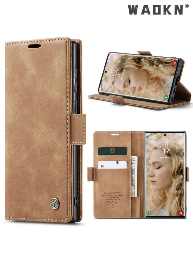 WAOKN For Samsung Galaxy S23 Ultra Case, Luxury Leather Wallet Cover, Leather Wallet Case Classic Design with Card Slot and Magnetic Flip Flip Folding Case Brown  - Image 1