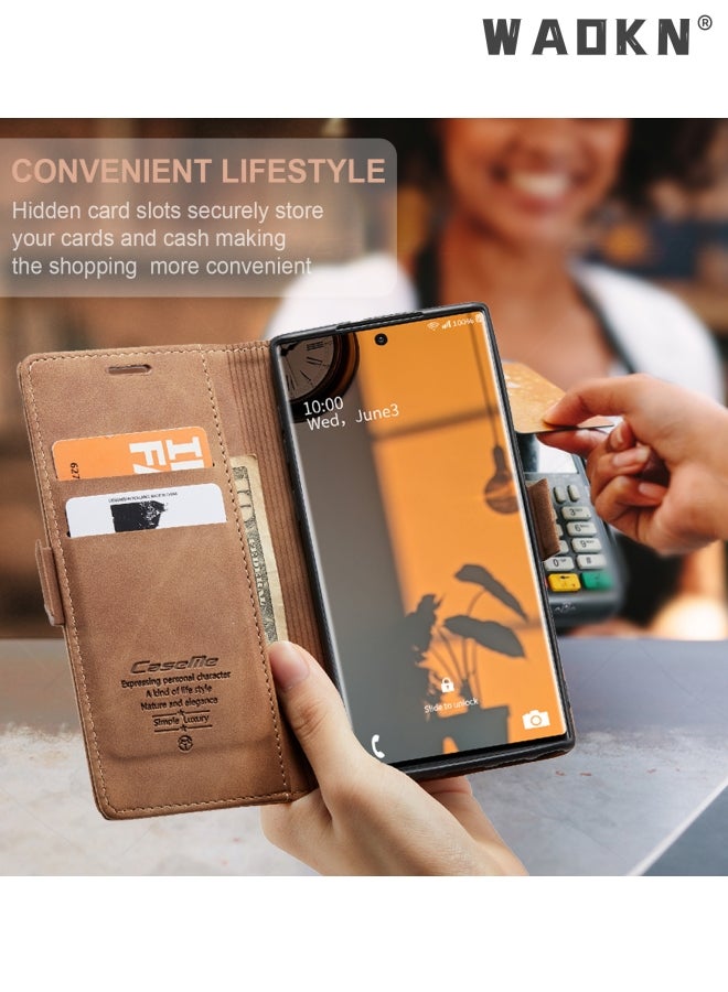 WAOKN For Samsung Galaxy S23 Ultra Case, Luxury Leather Wallet Cover, Leather Wallet Case Classic Design with Card Slot and Magnetic Flip Flip Folding Case Brown  - Image 2