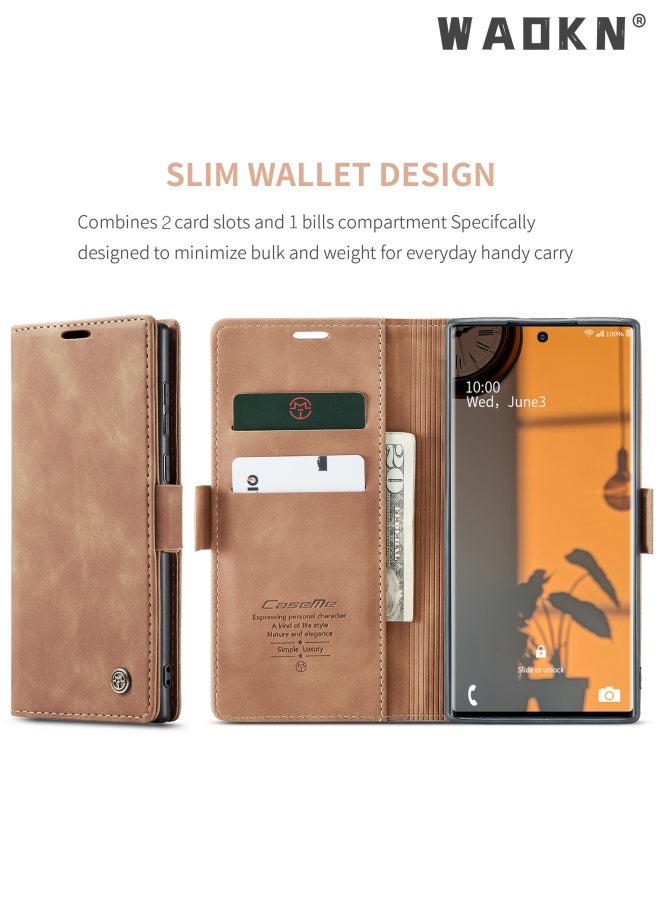 WAOKN For Samsung Galaxy S23 Ultra Case, Luxury Leather Wallet Cover, Leather Wallet Case Classic Design with Card Slot and Magnetic Flip Flip Folding Case Brown  - Image 3