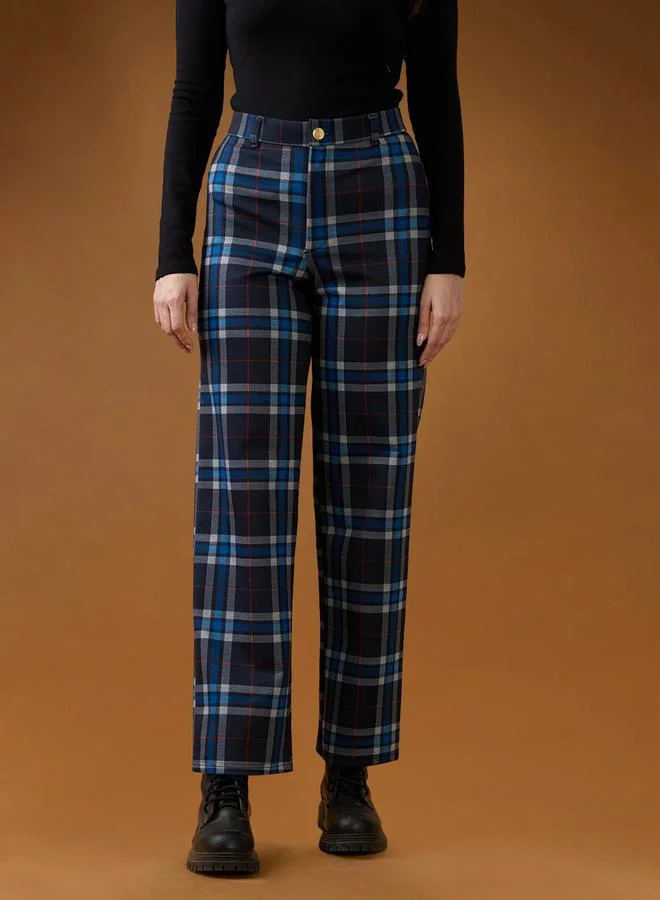 جلو باص بنطال بقصة أرجل مستقيمة بخصر متوسط بنقشة مربعات