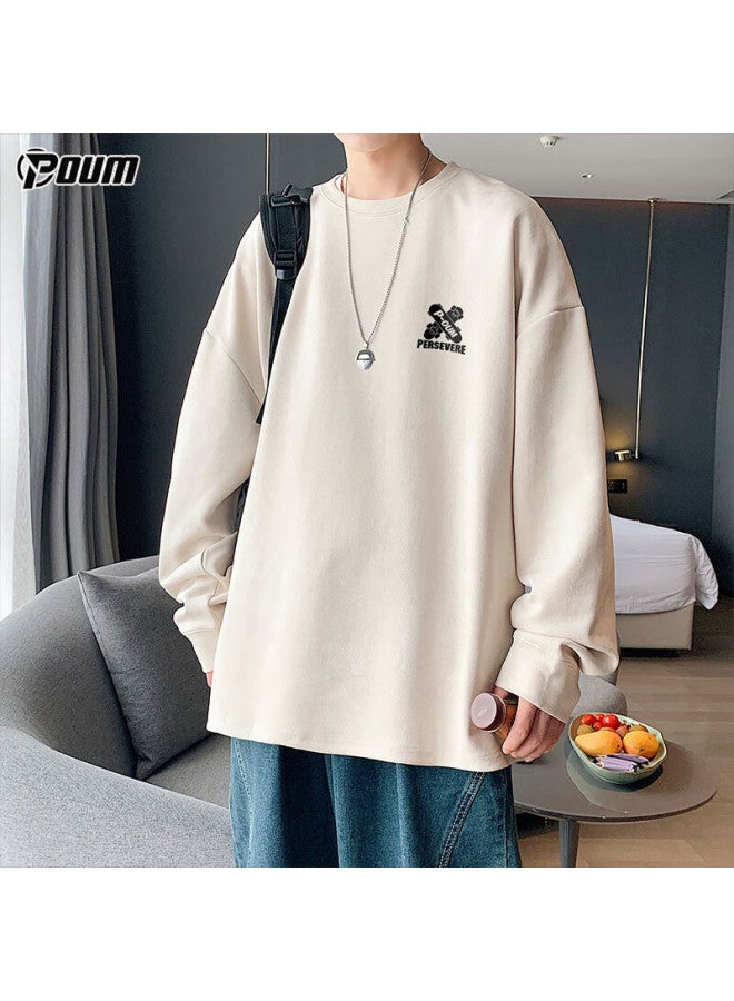 Poum Men's Vintage Suede Pullover Sweatshirt Spring Autumn Winter Youth Trendy Brand Long Sleeve Pow01 Apricot L - Image 3