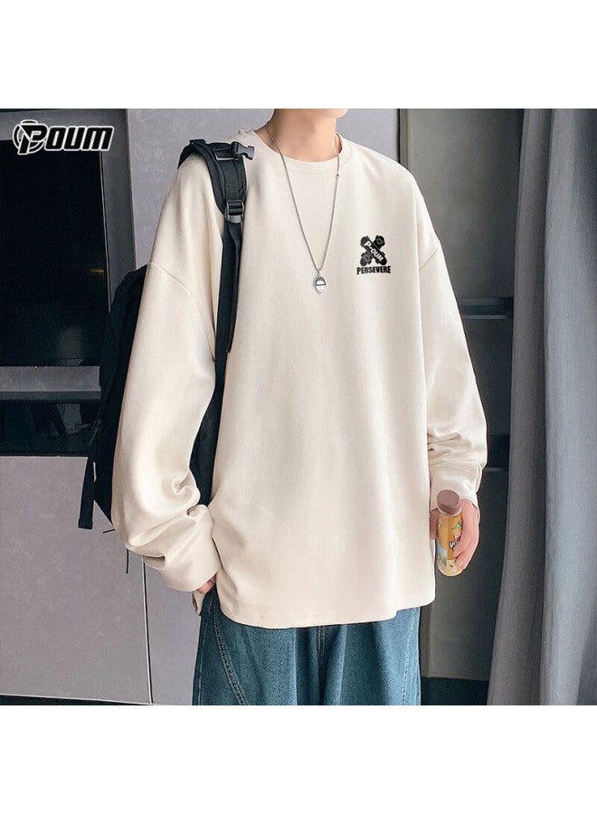Poum Men's Vintage Suede Pullover Sweatshirt Spring Autumn Winter Youth Trendy Brand Long Sleeve Pow01 Apricot L - Image 4