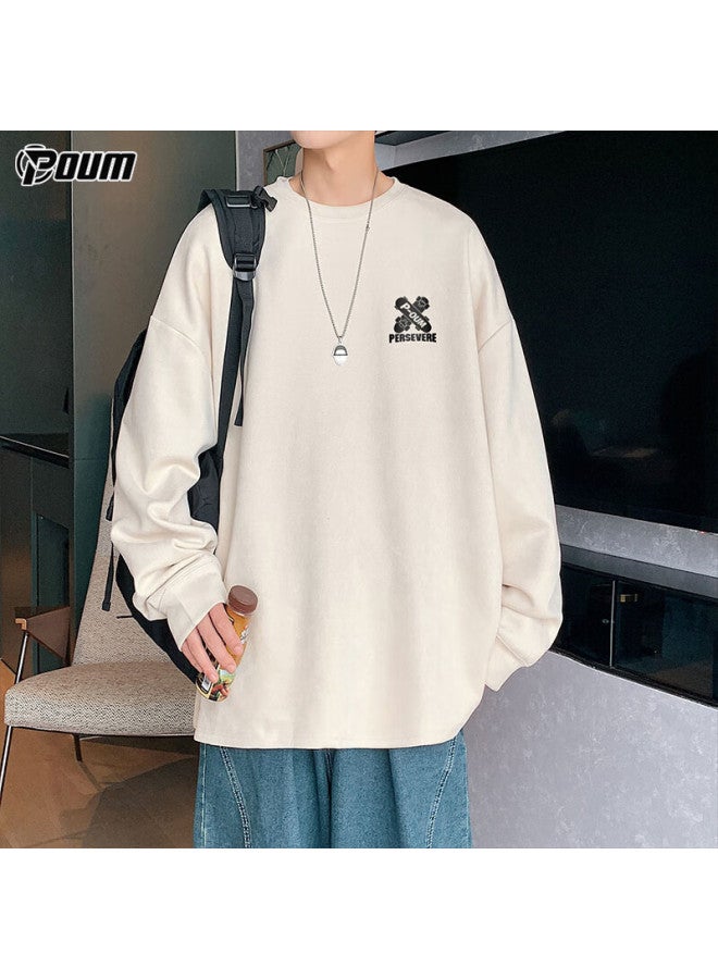 Poum Men's Vintage Suede Pullover Sweatshirt Spring Autumn Winter Youth Trendy Brand Long Sleeve Pow01 Apricot L - Image 5