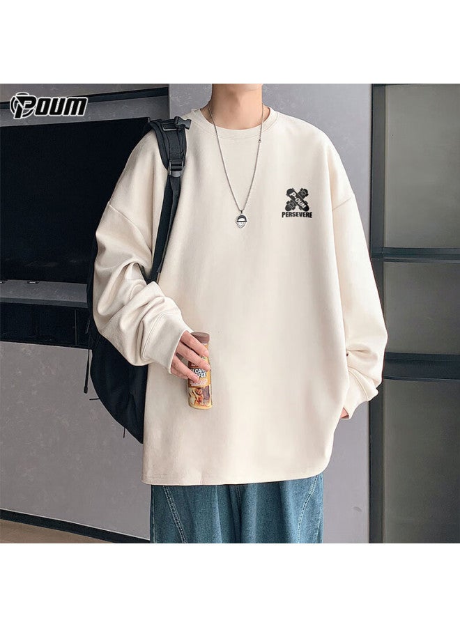 Poum Men's Vintage Suede Pullover Sweatshirt Spring Autumn Winter Youth Trendy Brand Long Sleeve Pow01 Apricot L - Image 2