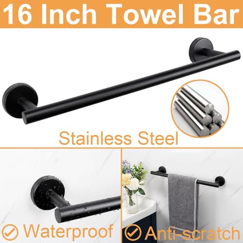 JIALTO 5-Piece Bathroom Towel Holder | Towel Rod | Toilet Roll Stand | Wall Mounted Bathroom Fittings Full Set – 16 Inch Hand Towel Bar | Toilet Paper Holder | Adhesive Hooks(Black, 5 - Pieces Set) - Image 4