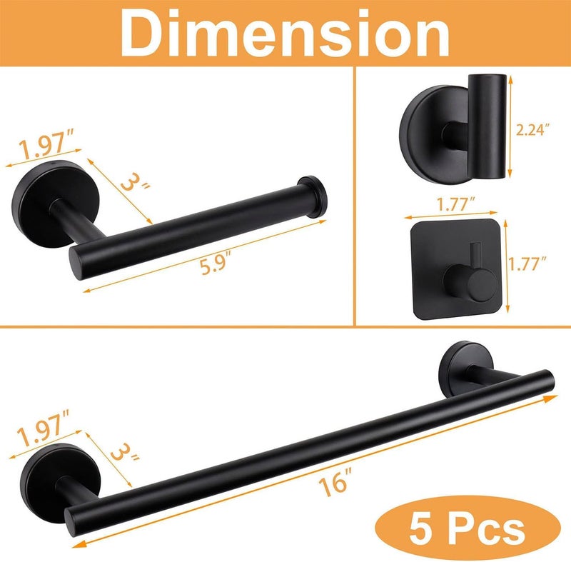 JIALTO 5-Piece Bathroom Towel Holder | Towel Rod | Toilet Roll Stand | Wall Mounted Bathroom Fittings Full Set – 16 Inch Hand Towel Bar | Toilet Paper Holder | Adhesive Hooks(Black, 5 - Pieces Set) - Image 2