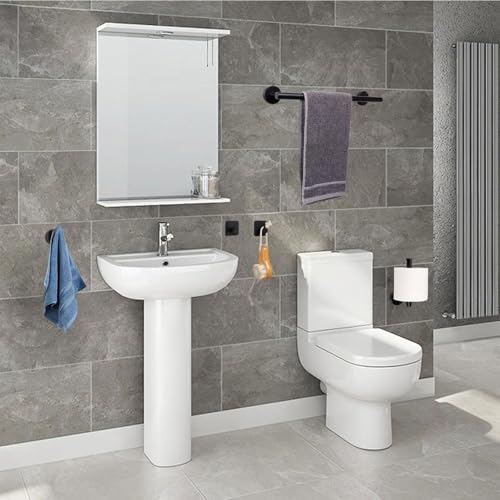 JIALTO 5-Piece Bathroom Towel Holder | Towel Rod | Toilet Roll Stand | Wall Mounted Bathroom Fittings Full Set – 16 Inch Hand Towel Bar | Toilet Paper Holder | Adhesive Hooks(Black, 5 - Pieces Set) - Image 3