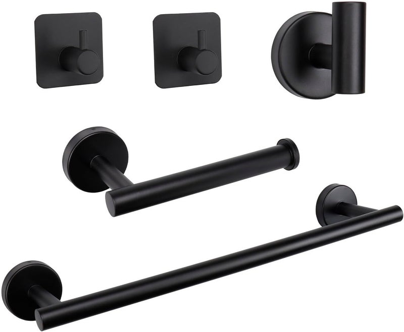 JIALTO 5-Piece Bathroom Towel Holder | Towel Rod | Toilet Roll Stand | Wall Mounted Bathroom Fittings Full Set – 16 Inch Hand Towel Bar | Toilet Paper Holder | Adhesive Hooks(Black, 5 - Pieces Set) - Image 1
