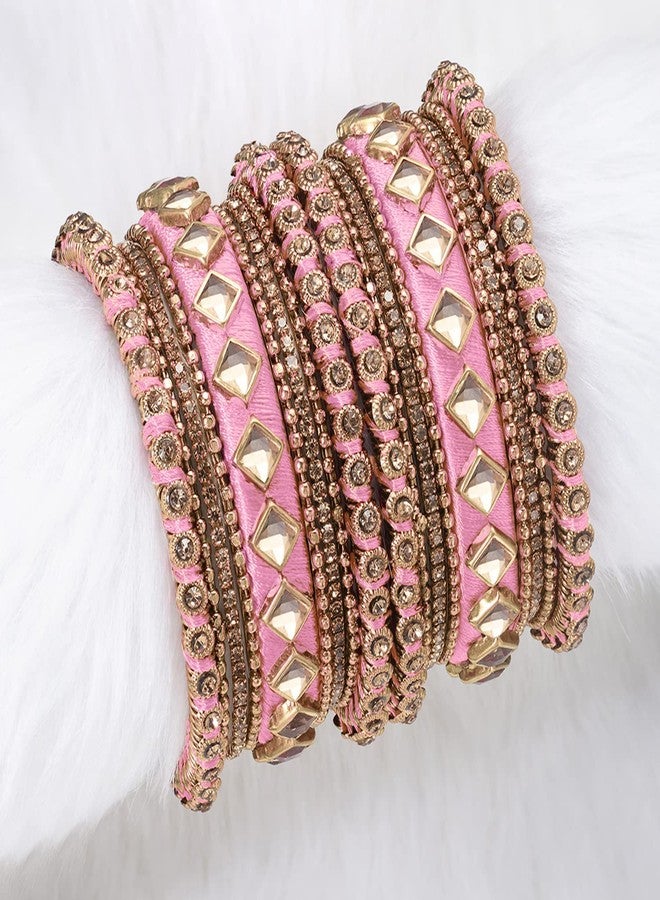 Aheli Pink Silk Thread Kundan Chuda Chura Bangle Set Gift for Women (Size - 2.6") - Image 3