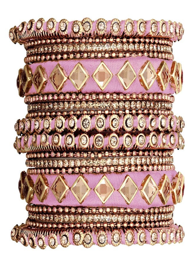 Aheli Pink Silk Thread Kundan Chuda Chura Bangle Set Gift for Women (Size - 2.6") - Image 1