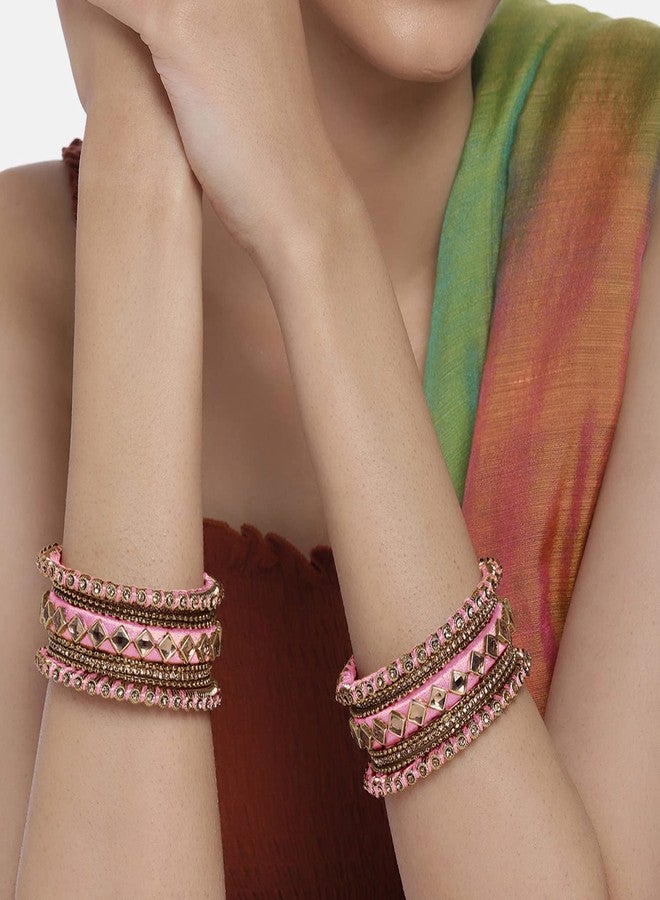 Aheli Pink Silk Thread Kundan Chuda Chura Bangle Set Gift for Women (Size - 2.6") - Image 2
