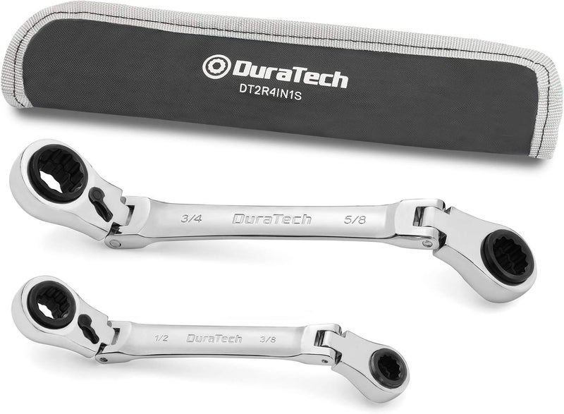 DURATECH طقم مفاتيح صندوق قابلة للعكس 4 في 1 برأس مرن، SAE، 2 قطعة، 5/16'' إلى 3/4''، 12 نقطة، فولاذ CR-V، مع حقيبة قابلة للدحرجة - Image 1