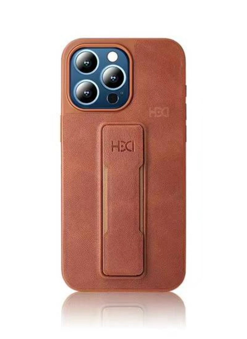 HDD - iPhone 15 Pro  Leather Case Finger Holder Stand Brown - Image 1
