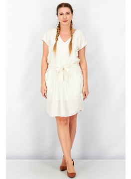 Splendid Women Plain Belted Tie Mini Dress, Cream  - Image 3