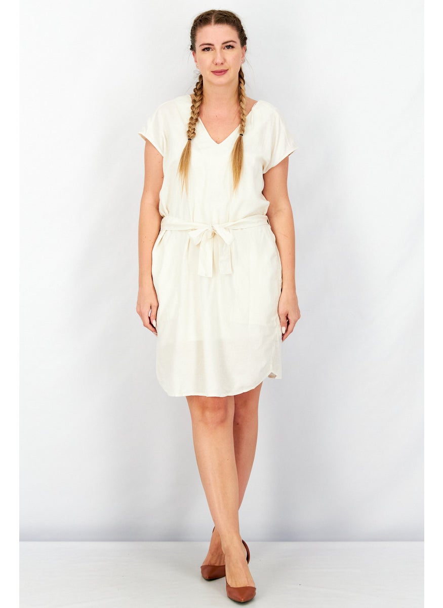 Splendid - Women Plain Belted Tie Mini Dress, Cream - Image 1