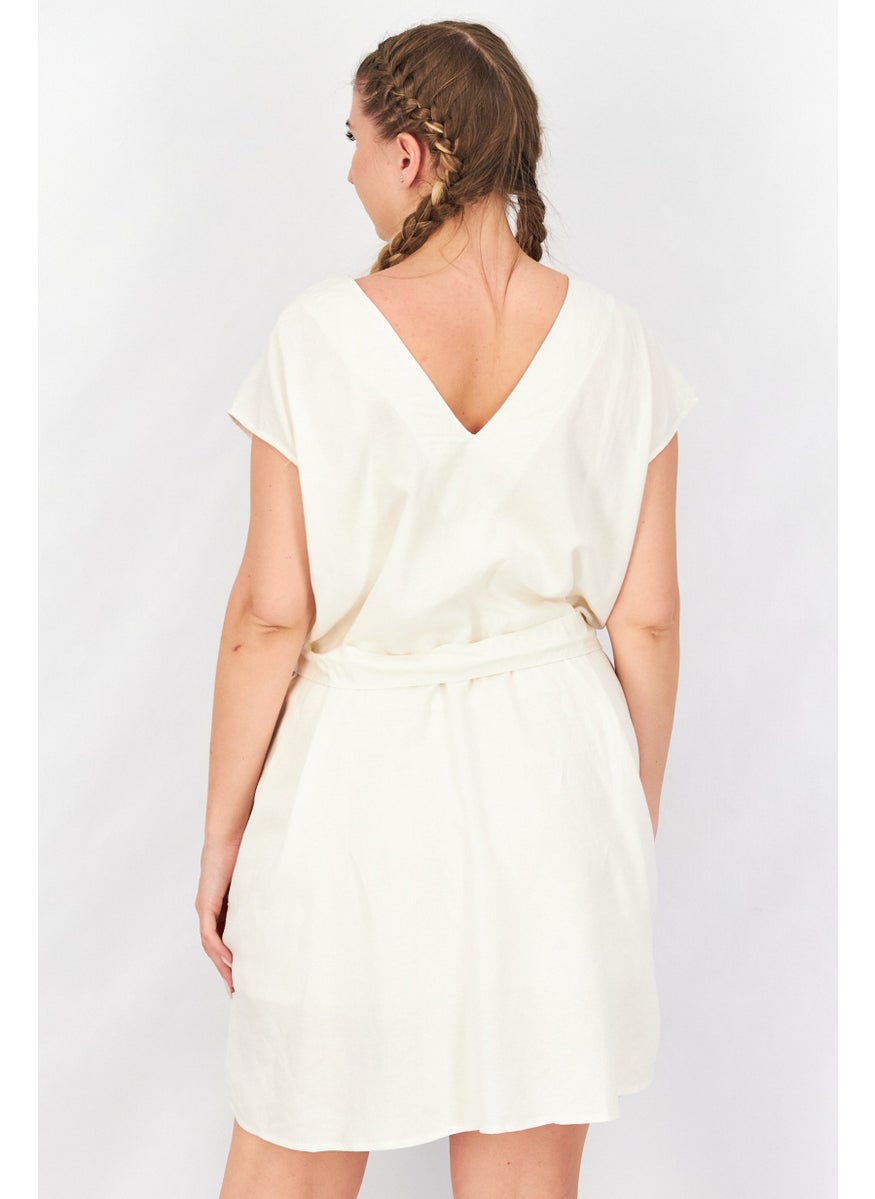 Splendid - Women Plain Belted Tie Mini Dress, Cream - Image 1