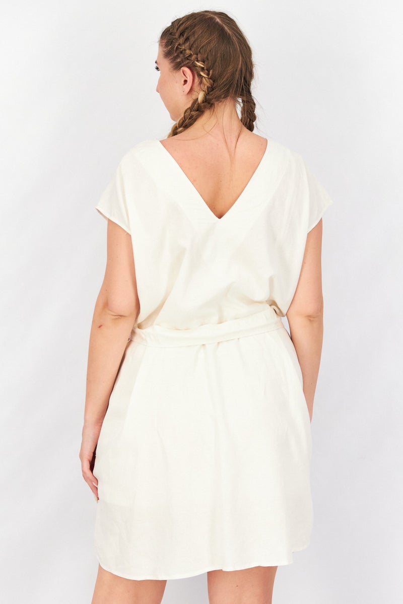 Splendid Women Plain Belted Tie Mini Dress, Cream - Image 4