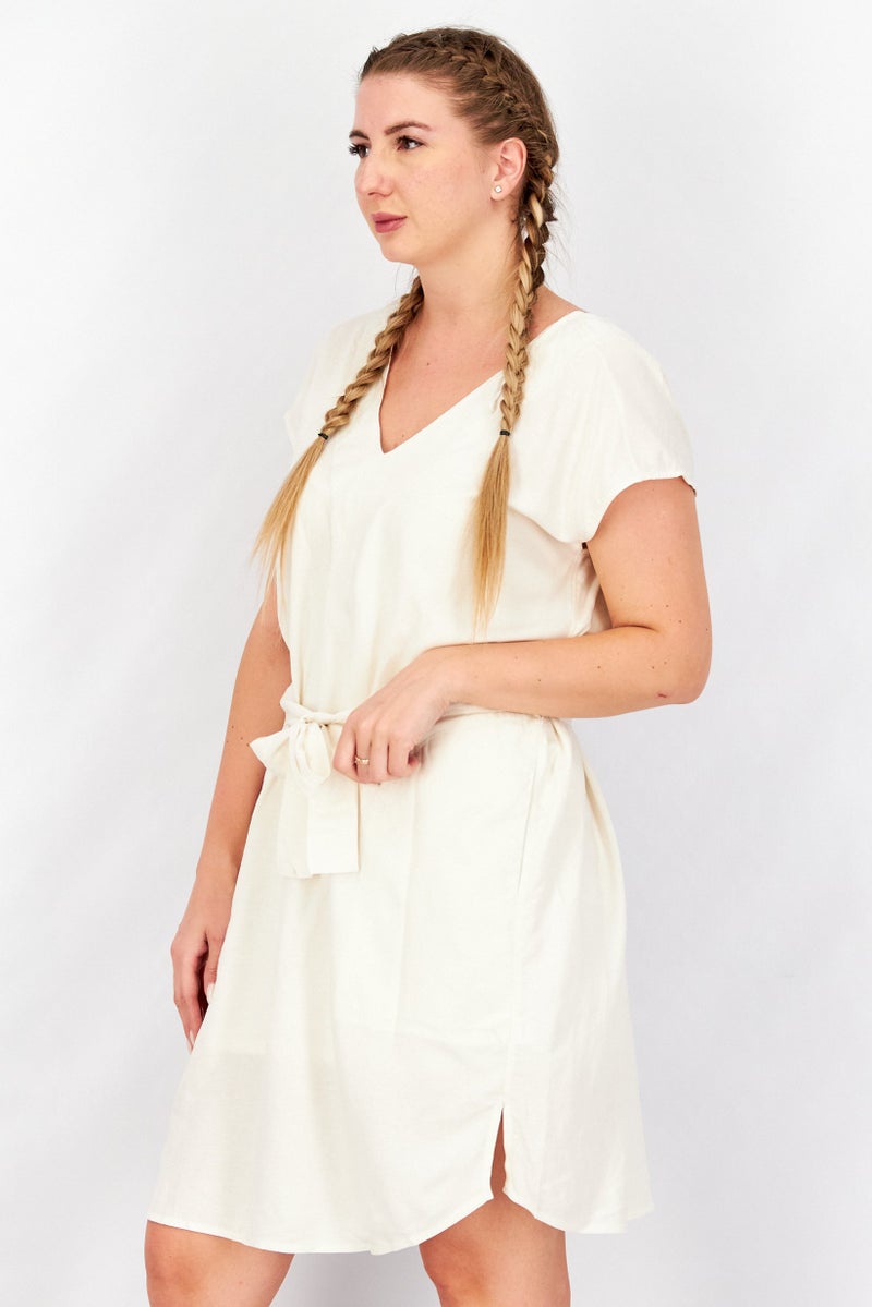 Splendid Women Plain Belted Tie Mini Dress, Cream - Image 2