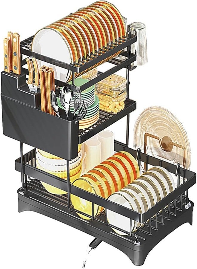 Glaceon Dish Drying Rack 2 Tier Dish Racks for Kitchen Counter and Sink Large Dish Drying Rack with Drainboard & Utensil Holders Carbon Steel Dish Drainers Kitchen Organization and Storage - Image 1