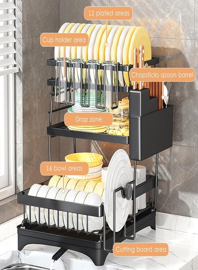 Glaceon Dish Drying Rack 2 Tier Dish Racks for Kitchen Counter and Sink Large Dish Drying Rack with Drainboard & Utensil Holders Carbon Steel Dish Drainers Kitchen Organization and Storage - Image 4