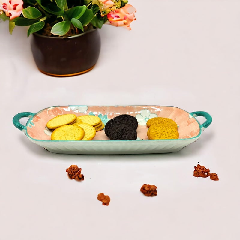Lemon Tree Rectangle Deep Dish Platter with Double Handle for Snack Serving in Floral Prints | Ceramic Stoneware Serving Platter for Serving Snacks or Fancy Attractive Pastel Color (Pink) - Image 4