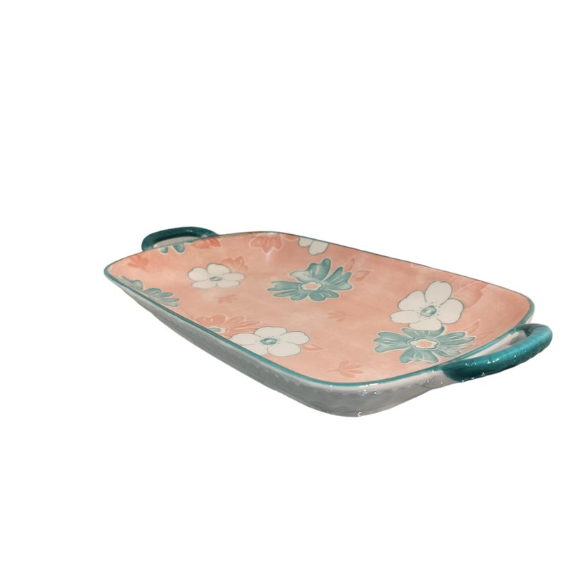 Lemon Tree Rectangle Deep Dish Platter with Double Handle for Snack Serving in Floral Prints | Ceramic Stoneware Serving Platter for Serving Snacks or Fancy Attractive Pastel Color (Pink) - Image 3