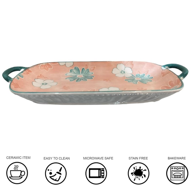 Lemon Tree Rectangle Deep Dish Platter with Double Handle for Snack Serving in Floral Prints | Ceramic Stoneware Serving Platter for Serving Snacks or Fancy Attractive Pastel Color (Pink) - Image 2