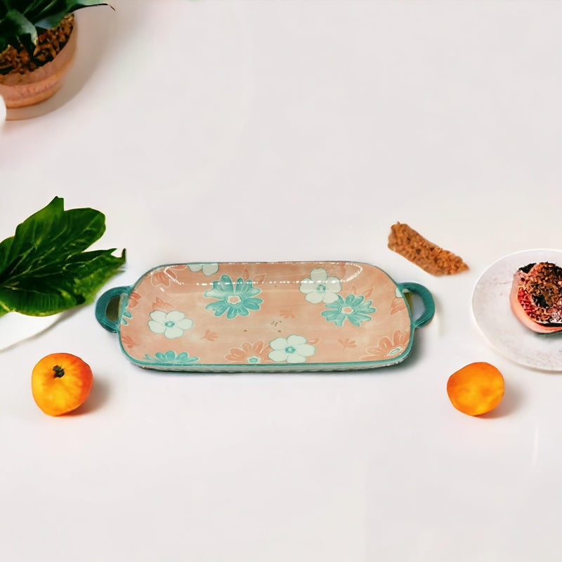 Lemon Tree Rectangle Deep Dish Platter with Double Handle for Snack Serving in Floral Prints | Ceramic Stoneware Serving Platter for Serving Snacks or Fancy Attractive Pastel Color (Pink) - Image 5